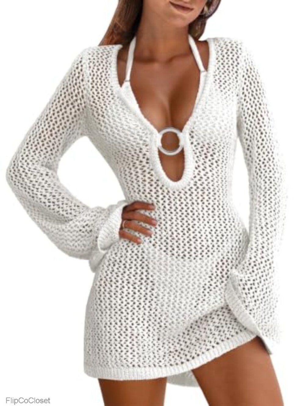 ANRABESS Women's Knit Crochet Swimsuit Coverup V-Neck Long Sleeve Beach Dress